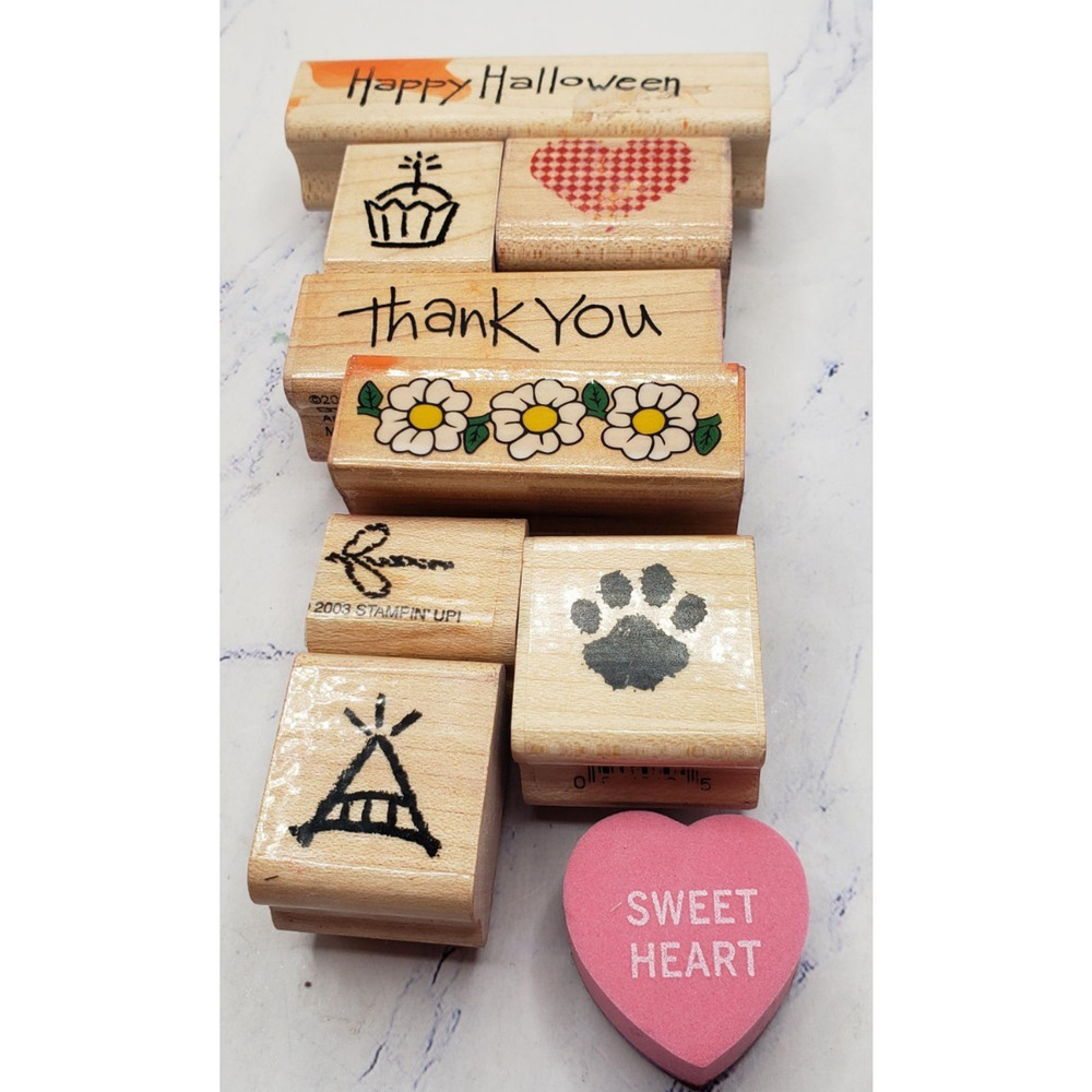 Lot of 10 Random Wood Mounted Rubber Stamps Hearts Spring Sayings